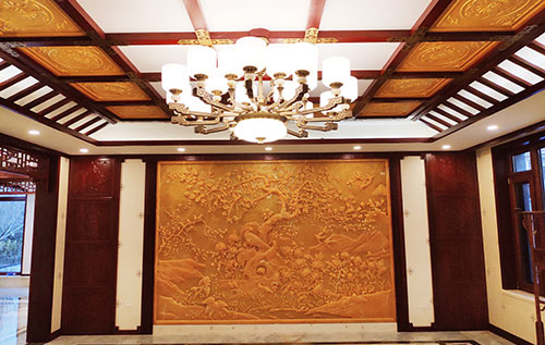 广宁中式别墅客厅中式木作横梁吊顶装饰展示